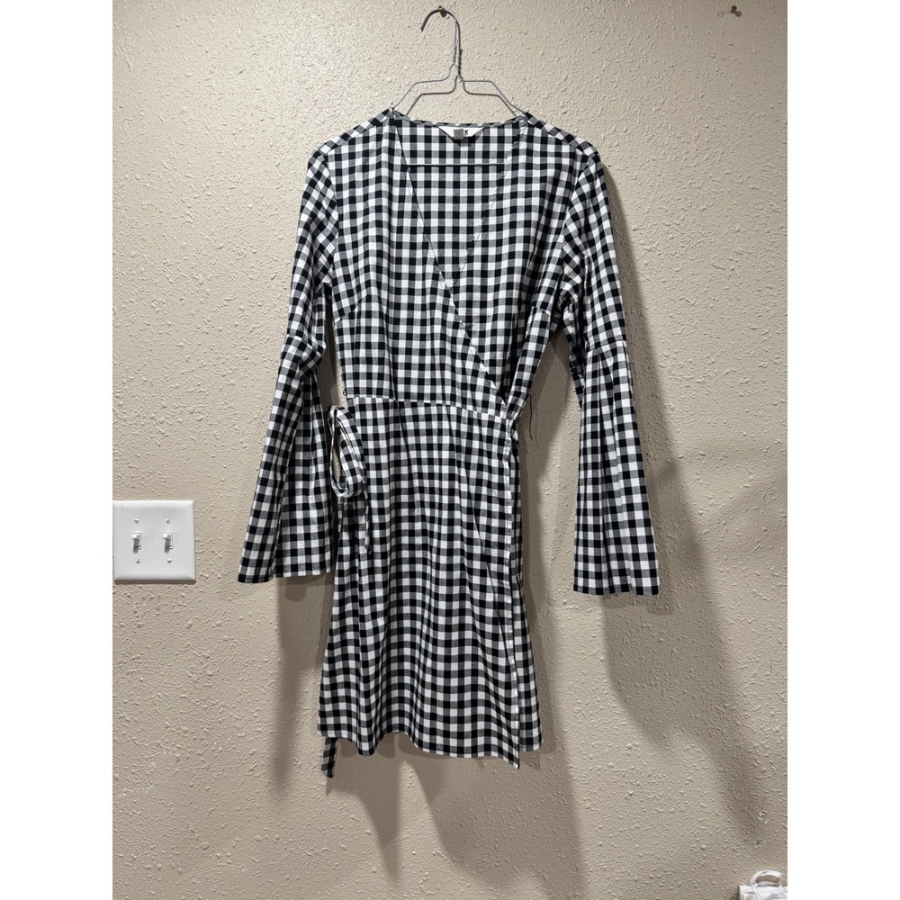 Jack by BB Dakota Black White Gingham Wrap Mini Dress Bell Sleeve Womens Small